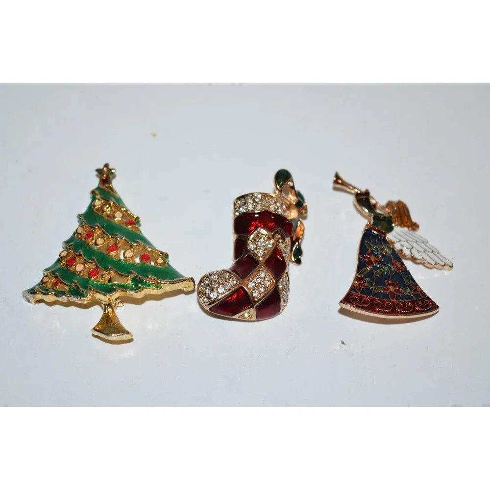 Vtg Stauer Christmas‎ Brooch Angel & stocking Pin lot + Christmas Tree